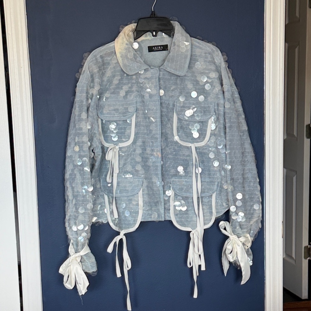 AKIRA Light Blue Sequin Jean Jacket